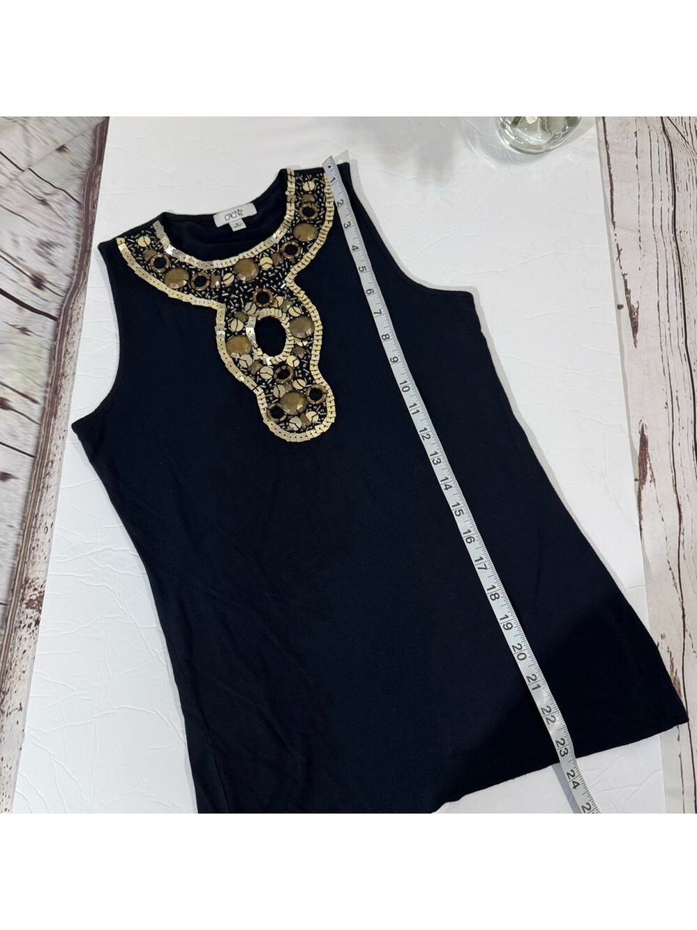 Cache Black Top with Bib Collar  Metallic Accents and Sequins Small - Picture 4 of 9